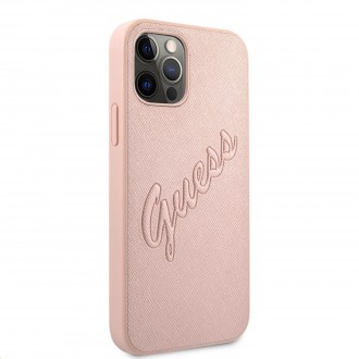 Guess PU Saffiano Vintage Script Zadní Kryt pro iPhone 12/12 Pro Rose Gold (GUHCP12MRSAVSRG)