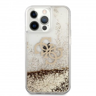 Guess TPU Big 4G Liquid Glitter Gold Zadní Kryt pro iPhone 13 Pro Transparent (GUHCP13LLG4GGO)