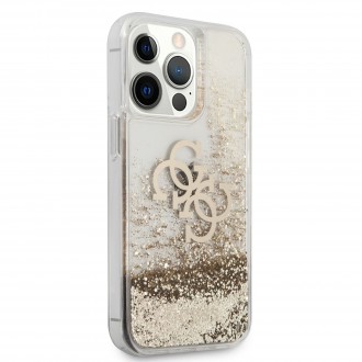 Guess TPU Big 4G Liquid Glitter Gold Zadní Kryt pro iPhone 13 Pro Transparent (GUHCP13LLG4GGO)