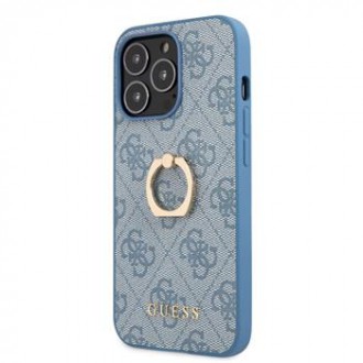 Guess PU 4G Ring Zadní Kryt pro iPhone 13 Pro Max Blue (GUHCP13X4GMRBL)