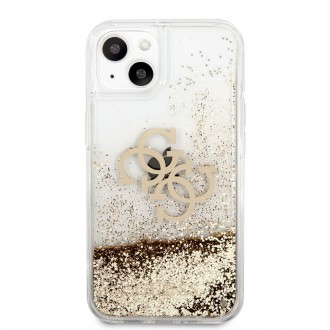 Guess TPU Big 4G Liquid Glitter Gold Zadní Kryt pro iPhone 13 Transparent (GUHCP13MLG4GGO)