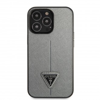 GUHCP13LPSATLG Guess PU Saffiano Triangle Zadní Kryt pro iPhone 13 Pro Silver