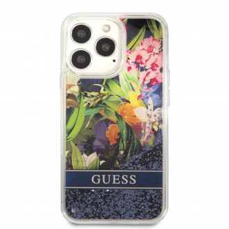 GUHCP13LLFLSB Guess Liquid Glitter Flower Zadní Kryt pro iPhone 13 Pro Blue
