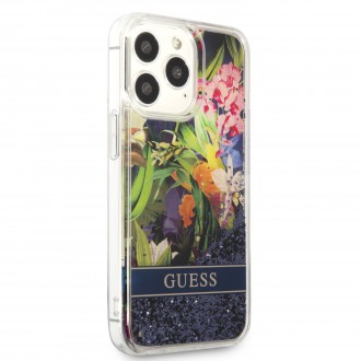 GUHCP13LLFLSB Guess Liquid Glitter Flower Zadní Kryt pro iPhone 13 Pro Blue