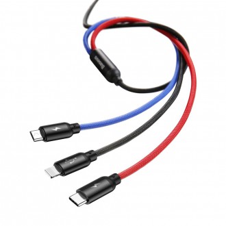 Baseus Three Primary Colors 3v1 USB - micro USB / Lightning / USB-C nylonový opletený kabel 3,5A 1,2M černý (CAMLT-BSY01)