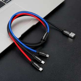 Baseus Three Primary Colors 3v1 USB - micro USB / Lightning / USB-C nylonový opletený kabel 3,5A 1,2M černý (CAMLT-BSY01)