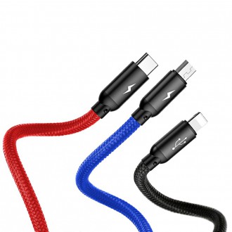 Baseus Three Primary Colors 3v1 USB - micro USB / Lightning / USB-C nylonový opletený kabel 3,5A 1,2M černý (CAMLT-BSY01)