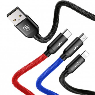 Baseus Three Primary Colors 3v1 USB - micro USB / Lightning / USB-C nylonový opletený kabel 3,5A 1,2M černý (CAMLT-BSY01)