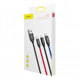 Baseus Three Primary Colors 3v1 USB - micro USB / Lightning / USB-C nylonový opletený kabel 3,5A 1,2M černý (CAMLT-BSY01)