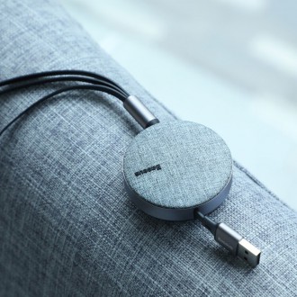 Zatahovací kabel Baseus Fabric 3v1 USB - Micro USB / Lightning / USB-C 3,5A 35 cm - 120 cm šedý (CAMLT-BYG1)