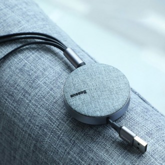 Zatahovací kabel Baseus Fabric 3v1 USB - Micro USB / Lightning / USB-C 3,5A 35 cm - 120 cm šedý (CAMLT-BYG1)