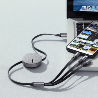 Zatahovací kabel Baseus Fabric 3v1 USB - Micro USB / Lightning / USB-C 3,5A 35 cm - 120 cm šedý (CAMLT-BYG1)