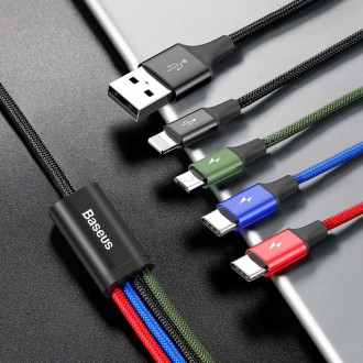 Baseus kabel USB 4v1 Lightning / 2x USB Type C / micro USB kabel v nylonovém opletu 3,5A 1,2m černý (CA1T4-B01)