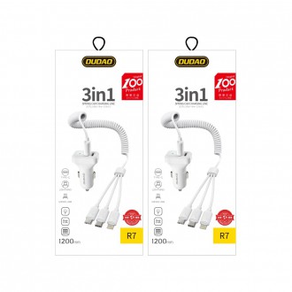[RETURNED ITEM] Dudao car kit charger 2x USB 2.4A + cable USB 3in1 Lightning / Type C / micro USB cable white (R7 white)