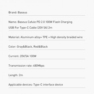 [RETURNED ITEM] Baseus Cafule Cable Nylon Braided Wire USB Typ C PD Power Delivery 2.0 100W 20V 5A 2m gray (CATKLF-ALG1)