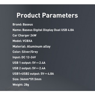 Baseus nabíječka do auta 2x USB 4,8A 24W s LCD šedým (CCBX-0G)