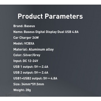 Baseus nabíječka do auta 2x USB 4,8A 24W se stříbrným LCD (CCBX-0S)