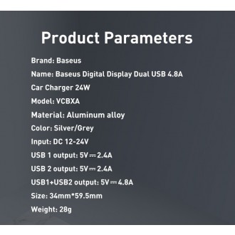 Baseus 2x USB 4.8A 24W nabíječka do auta s LCD + 3v1 kabel USB - USB Type C / micro USB / Lightning 1,2 m černá (TZCCBX-0G)