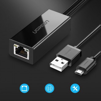 Ugreen externí síťová karta micro USB 100Mbps pro Chromecast 1m černá