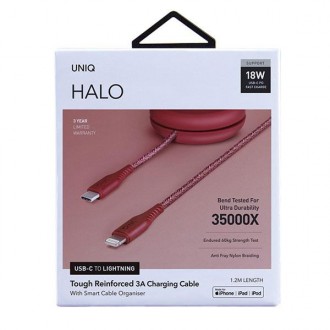 UNIQ kabel MFI Halo USB-C-Lightning 18W nylonowy zwijany 1,2m czerwony/carmine red